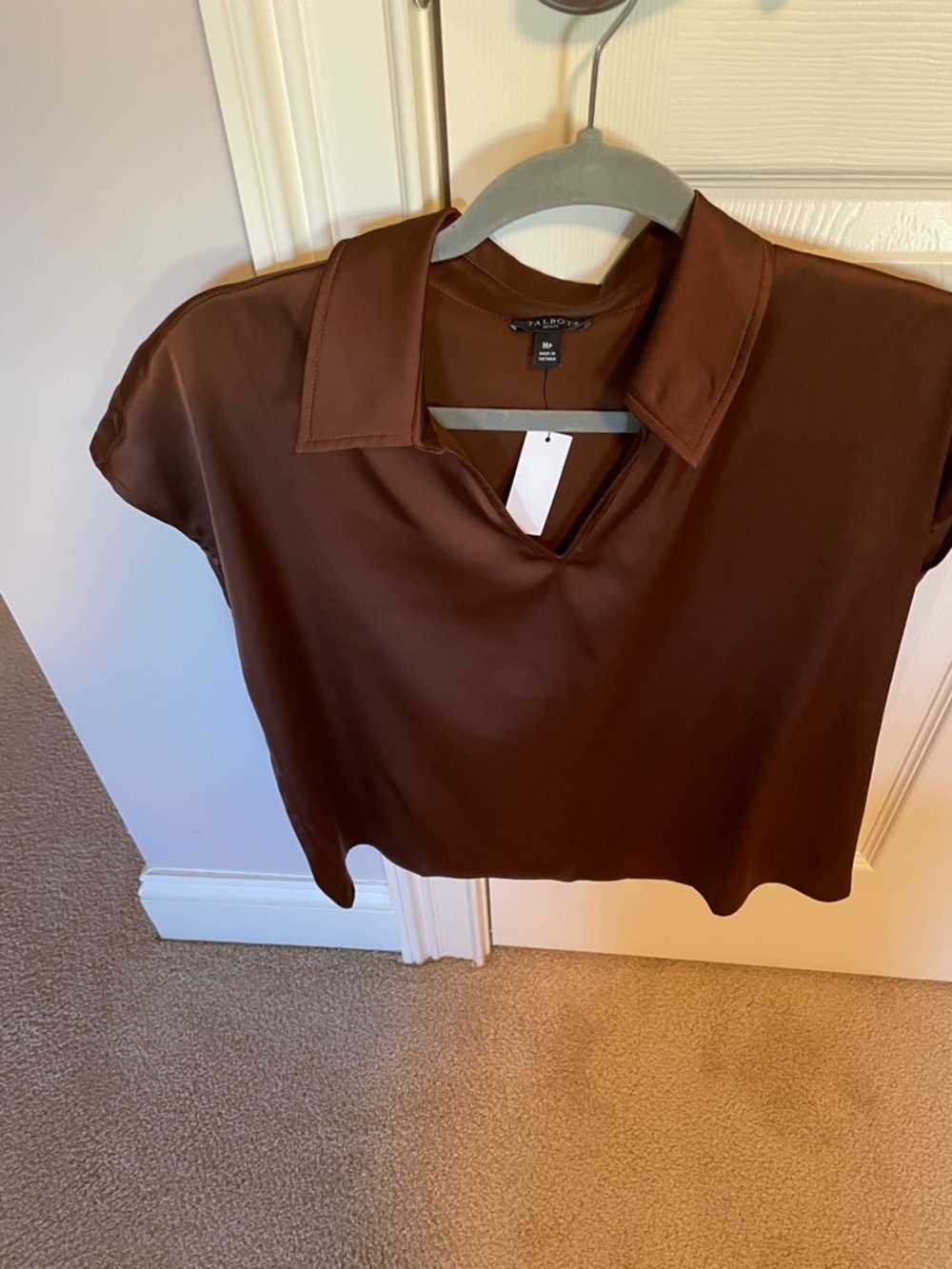 Talbots Chocolate Brown Short Sleeve Button-Down Polo Top